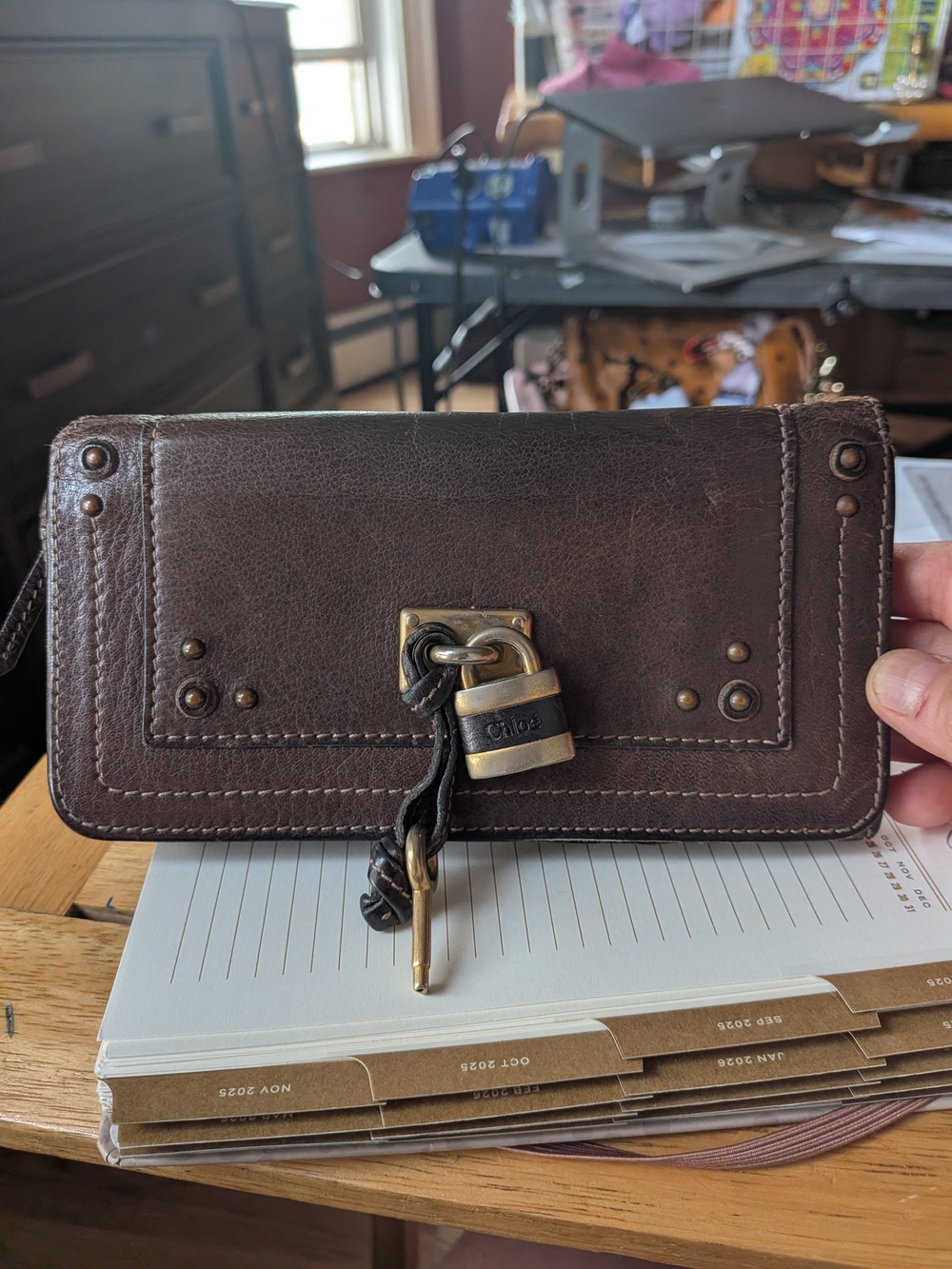 Chloé Dark Brown Leather Wallet with Padlock and Key Accent